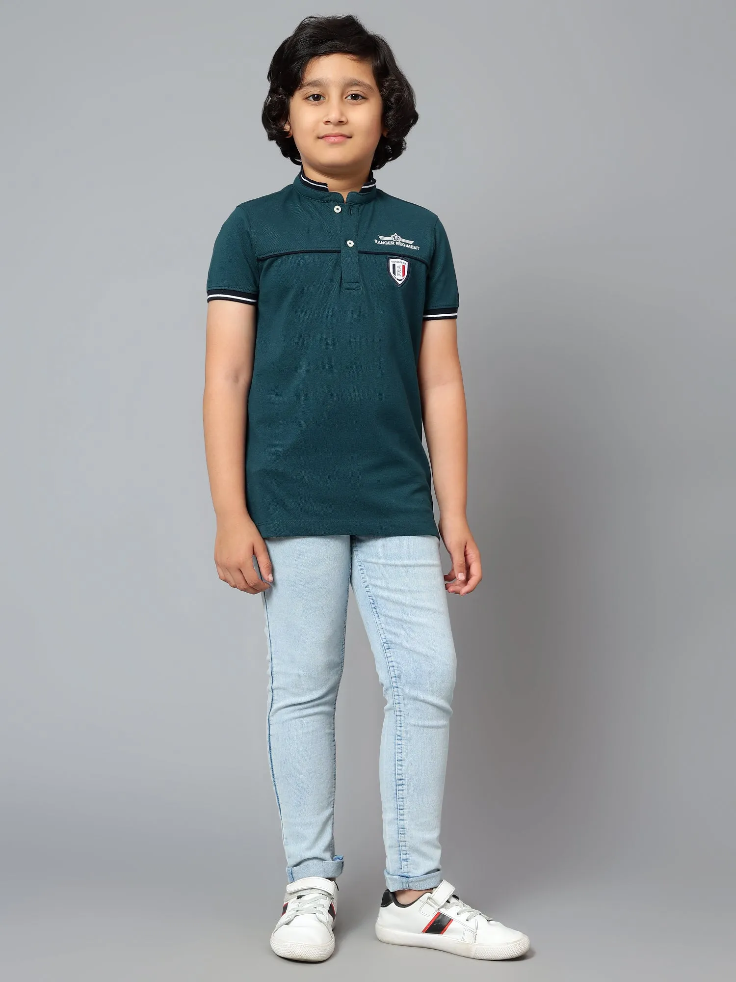 Cantabil Boy's Teal Blue Solid Mandarin Neck Half Sleeve T-shirt