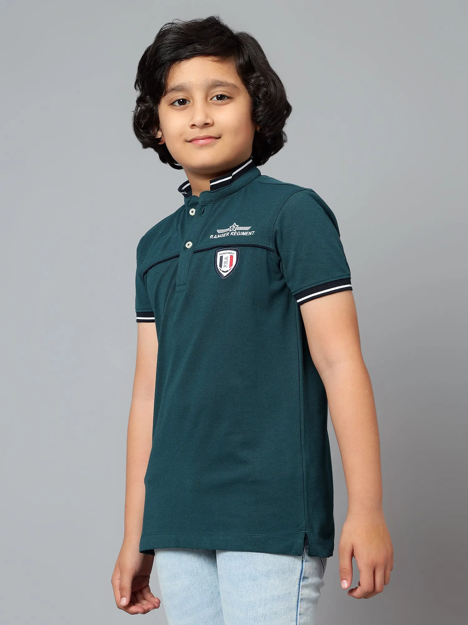 Cantabil Boy's Teal Blue Solid Mandarin Neck Half Sleeve T-shirt