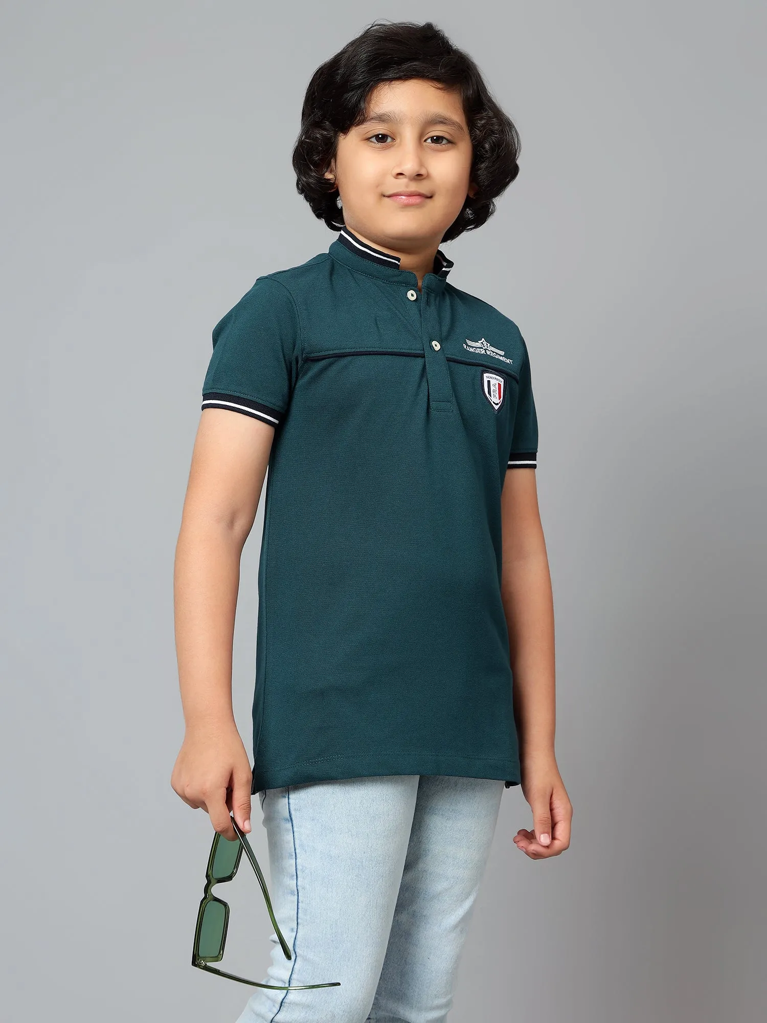 Cantabil Boy's Teal Blue Solid Mandarin Neck Half Sleeve T-shirt