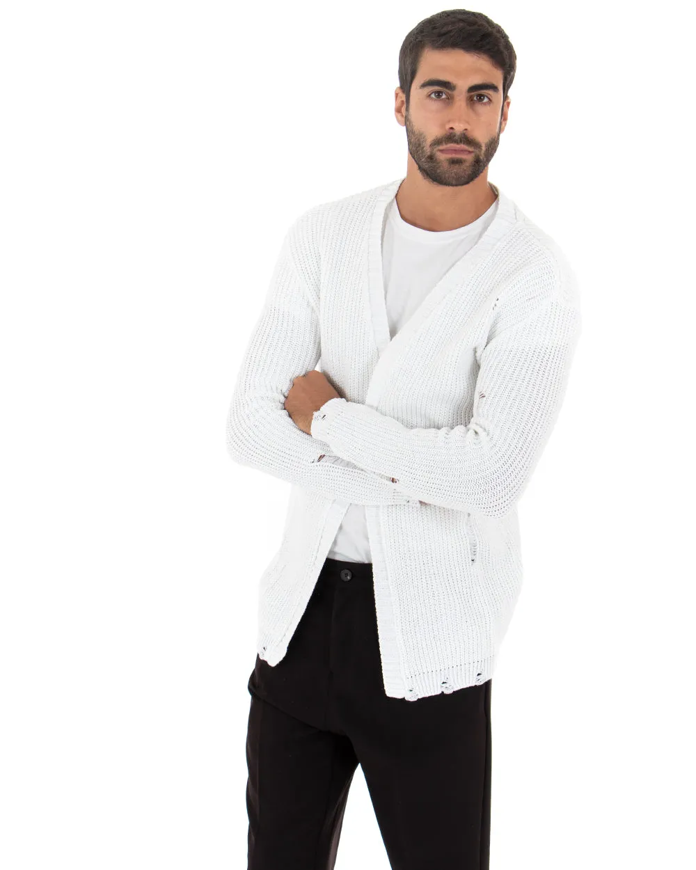 Cardigan Uomo Kimono Maglia Maglioncino Con Rotture Bianco GIOSAL-M2428A