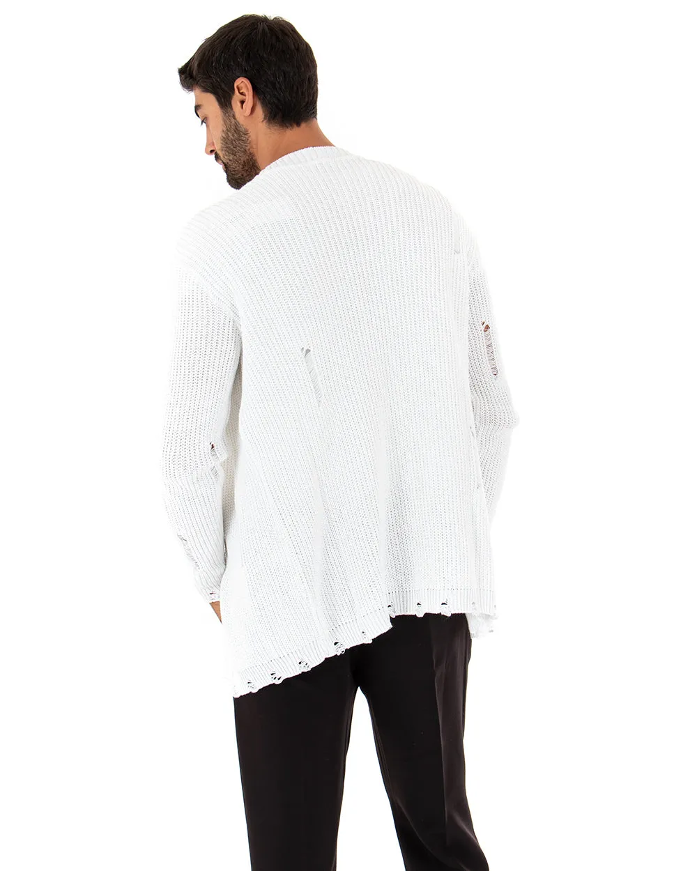 Cardigan Uomo Kimono Maglia Maglioncino Con Rotture Bianco GIOSAL-M2428A