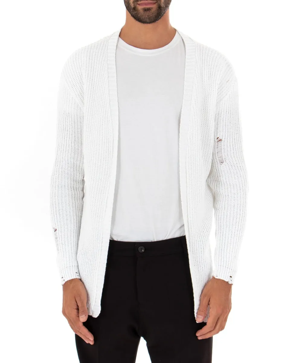 Cardigan Uomo Kimono Maglia Maglioncino Con Rotture Bianco GIOSAL-M2428A