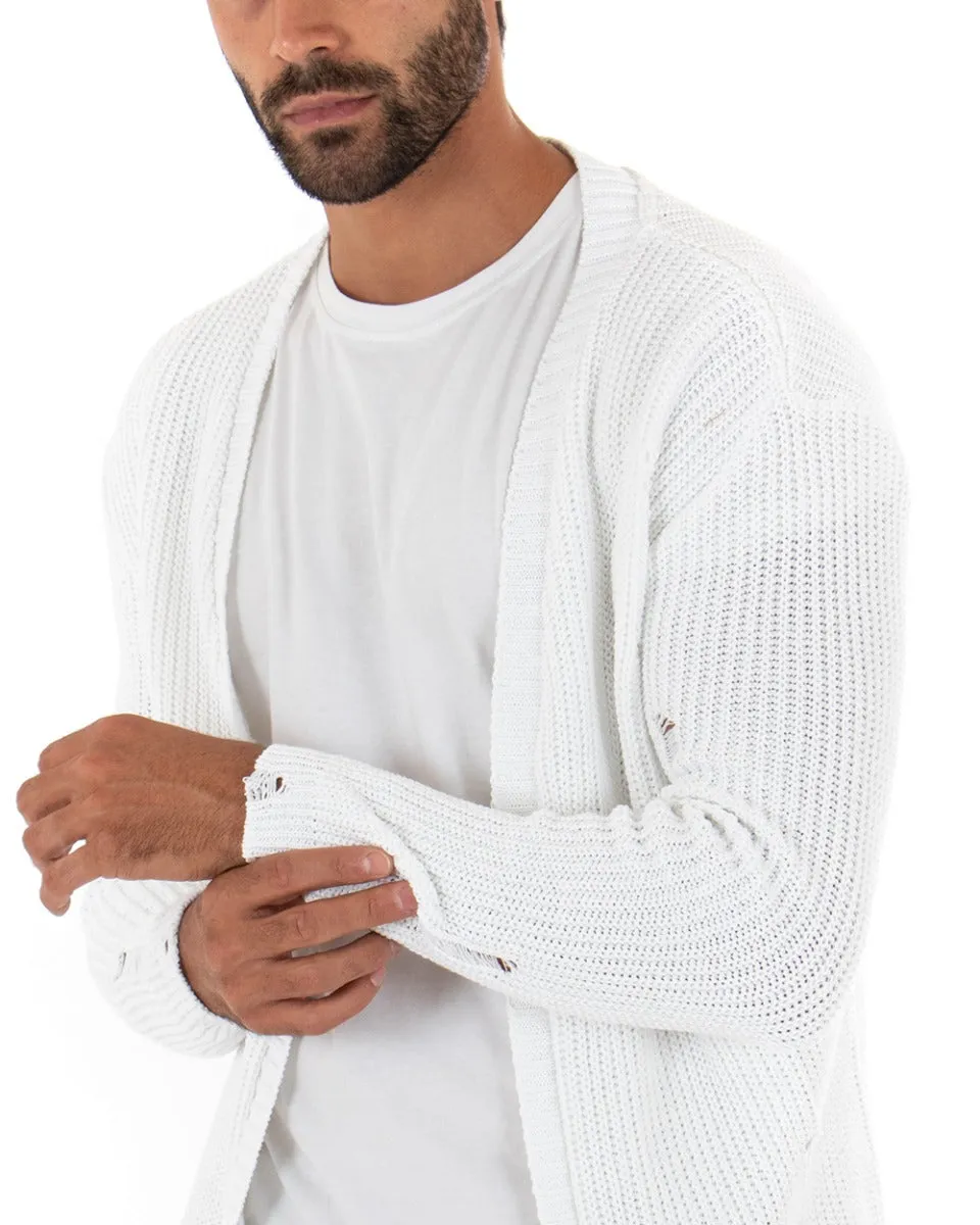 Cardigan Uomo Kimono Maglia Maglioncino Con Rotture Bianco GIOSAL-M2428A