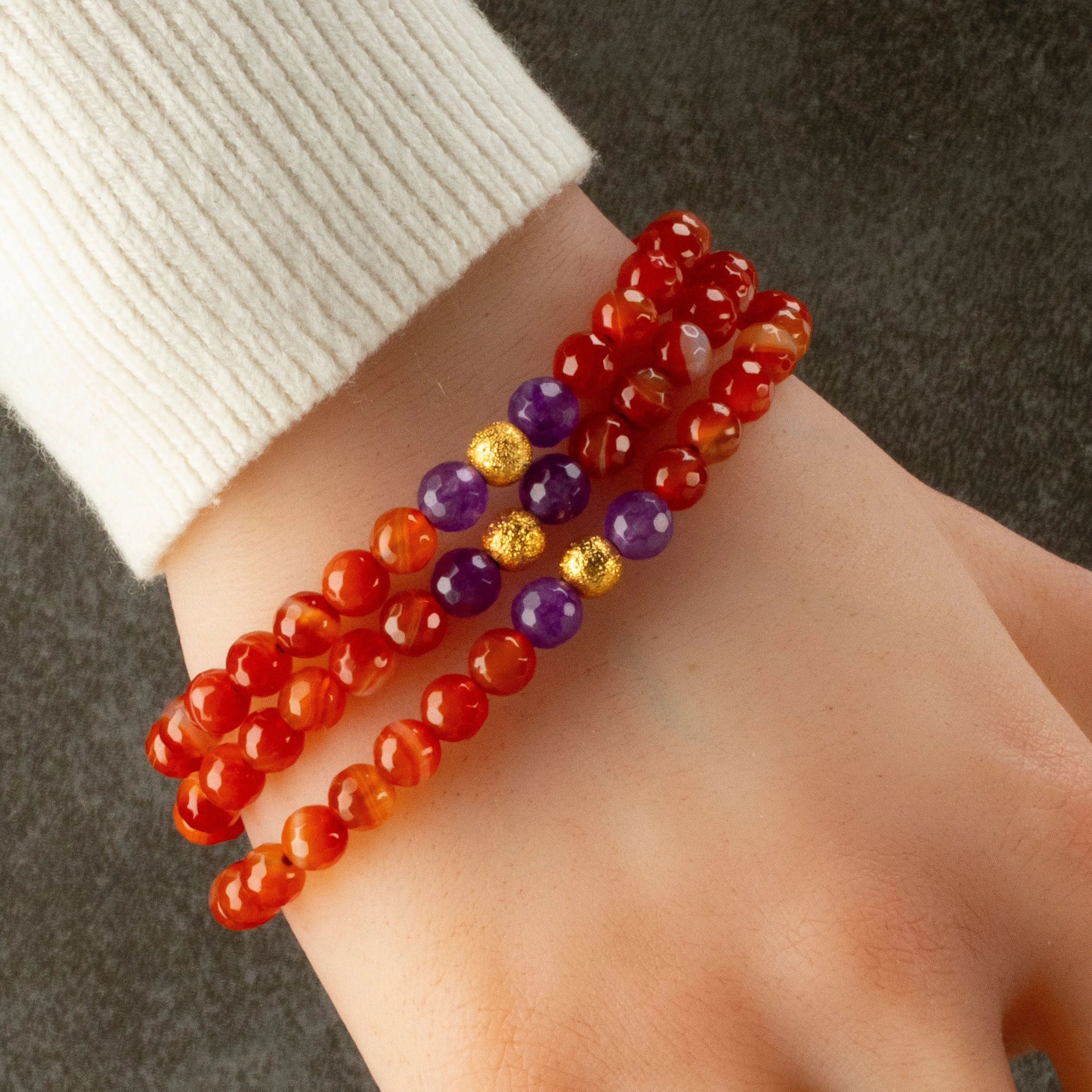 Carnelian Faceted 6mm Beads with Amethyst & Gold Accent Beads Triple Wrap Gemstone Elastic Bracelet