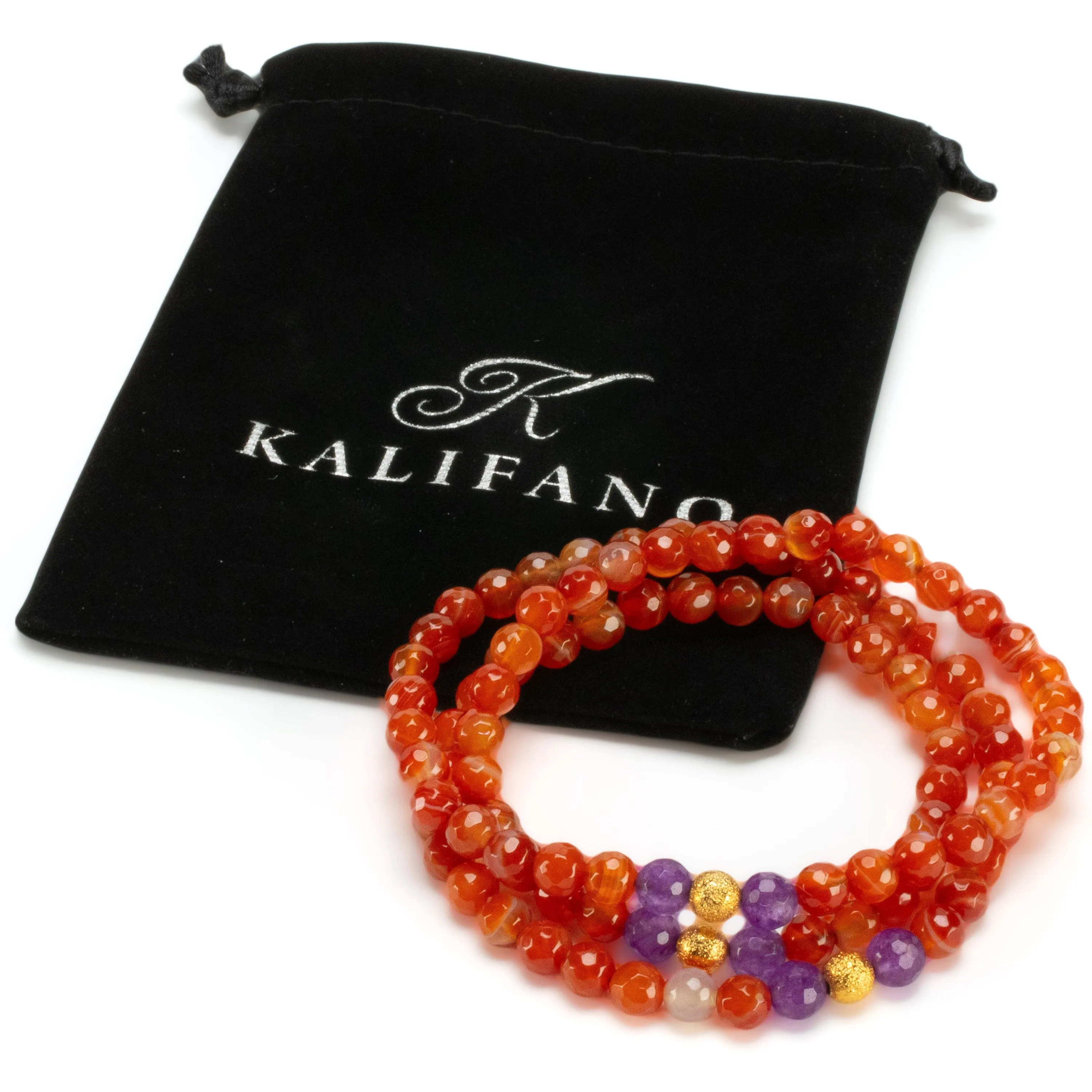 Carnelian Faceted 6mm Beads with Amethyst & Gold Accent Beads Triple Wrap Gemstone Elastic Bracelet