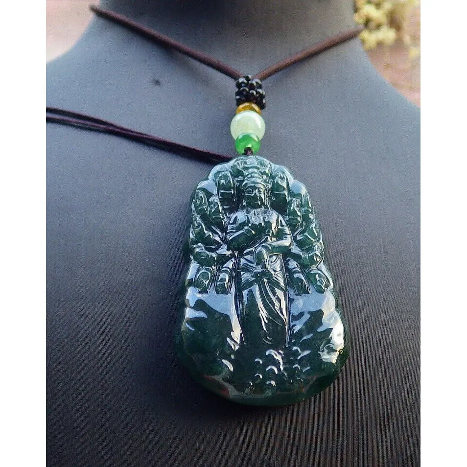 Certified Icy Dark Green Natural A Jade Pendant Guanyin Kwan Yin #613-0303