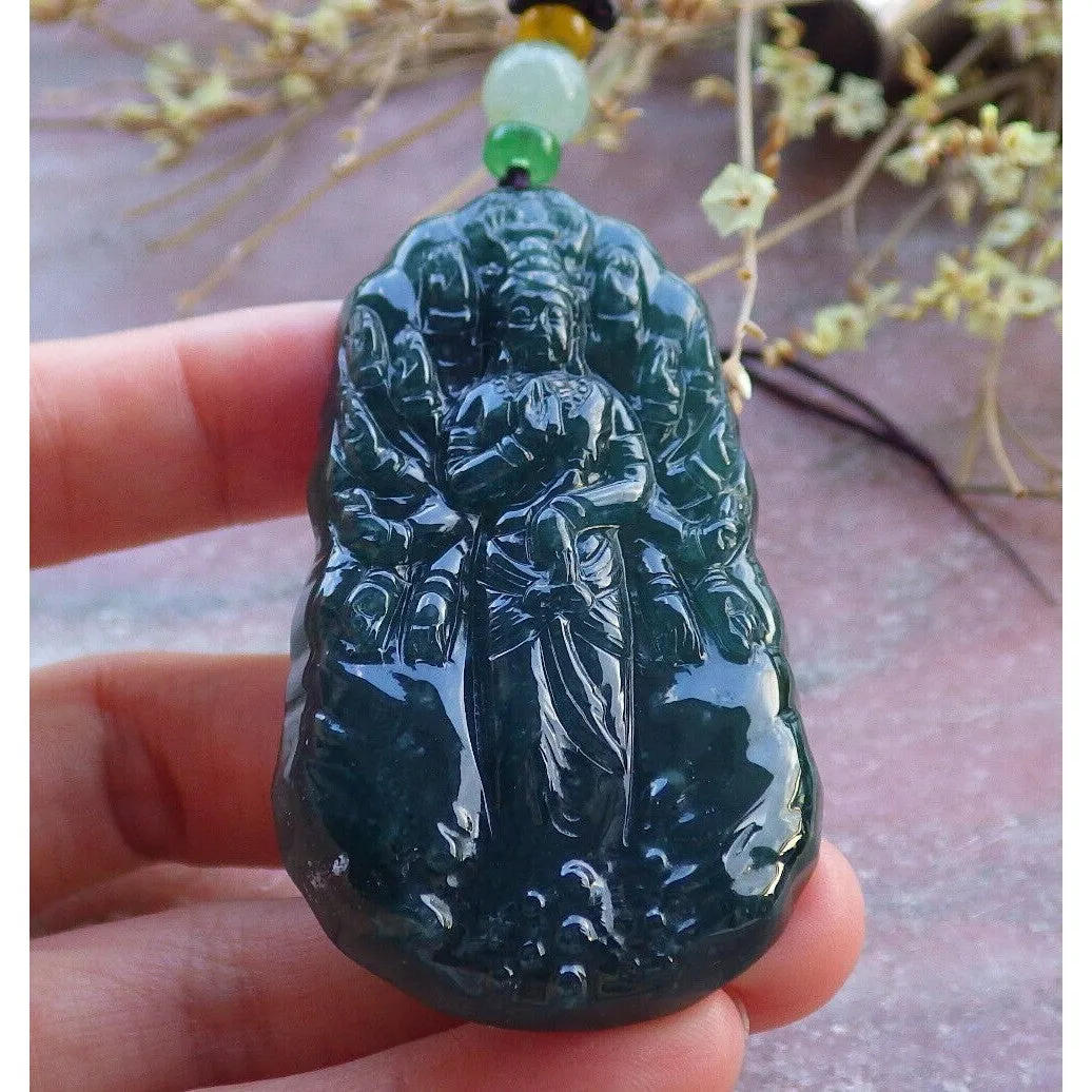 Certified Icy Dark Green Natural A Jade Pendant Guanyin Kwan Yin #613-0303