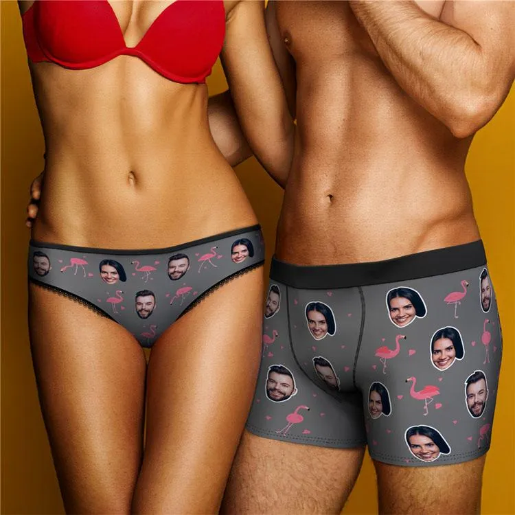 Couple Men's Custom Flamingo And Face On Boxer Shorts