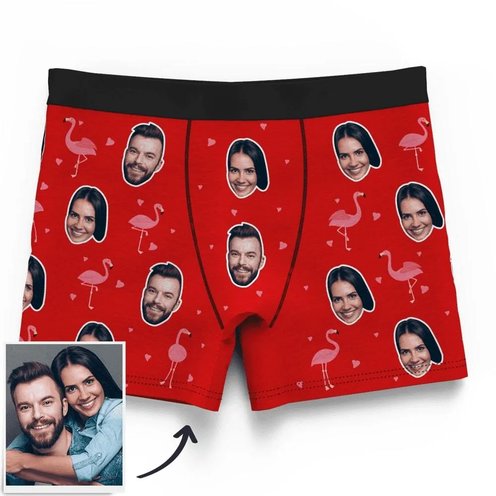 Couple Men's Custom Flamingo And Face On Boxer Shorts