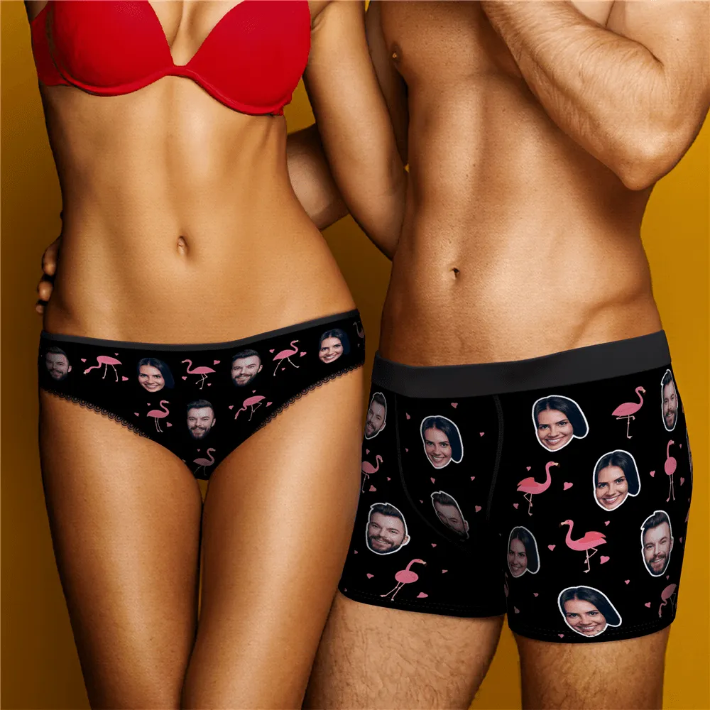 Couple Men's Custom Flamingo And Face On Boxer Shorts