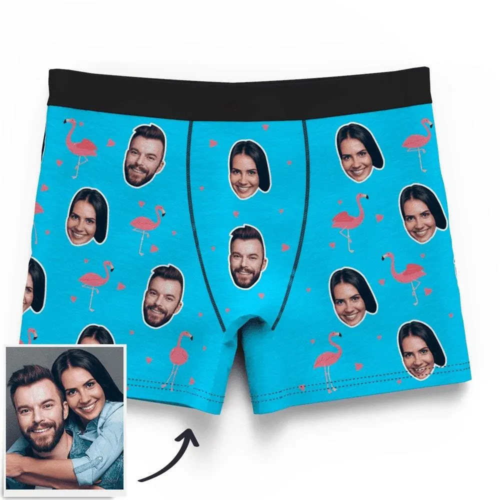 Couple Men's Custom Flamingo And Face On Boxer Shorts