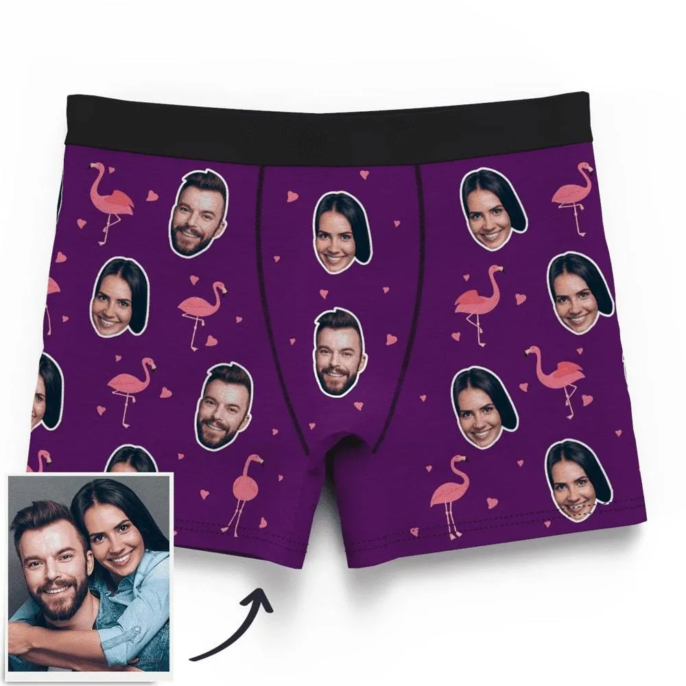 Couple Men's Custom Flamingo And Face On Boxer Shorts