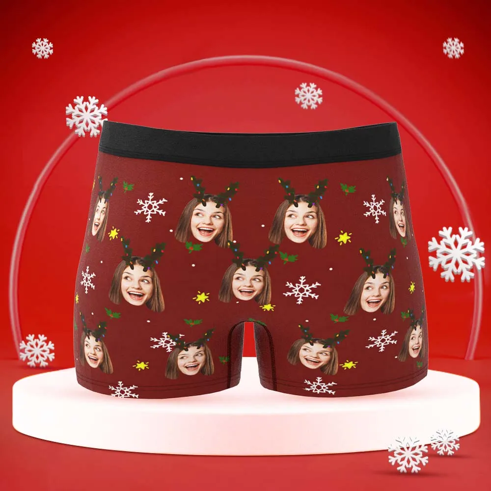 Custom Face Boxers Briefs Personalised Men's Shorts With Photo Snowflake And Antler Christmas Gifts