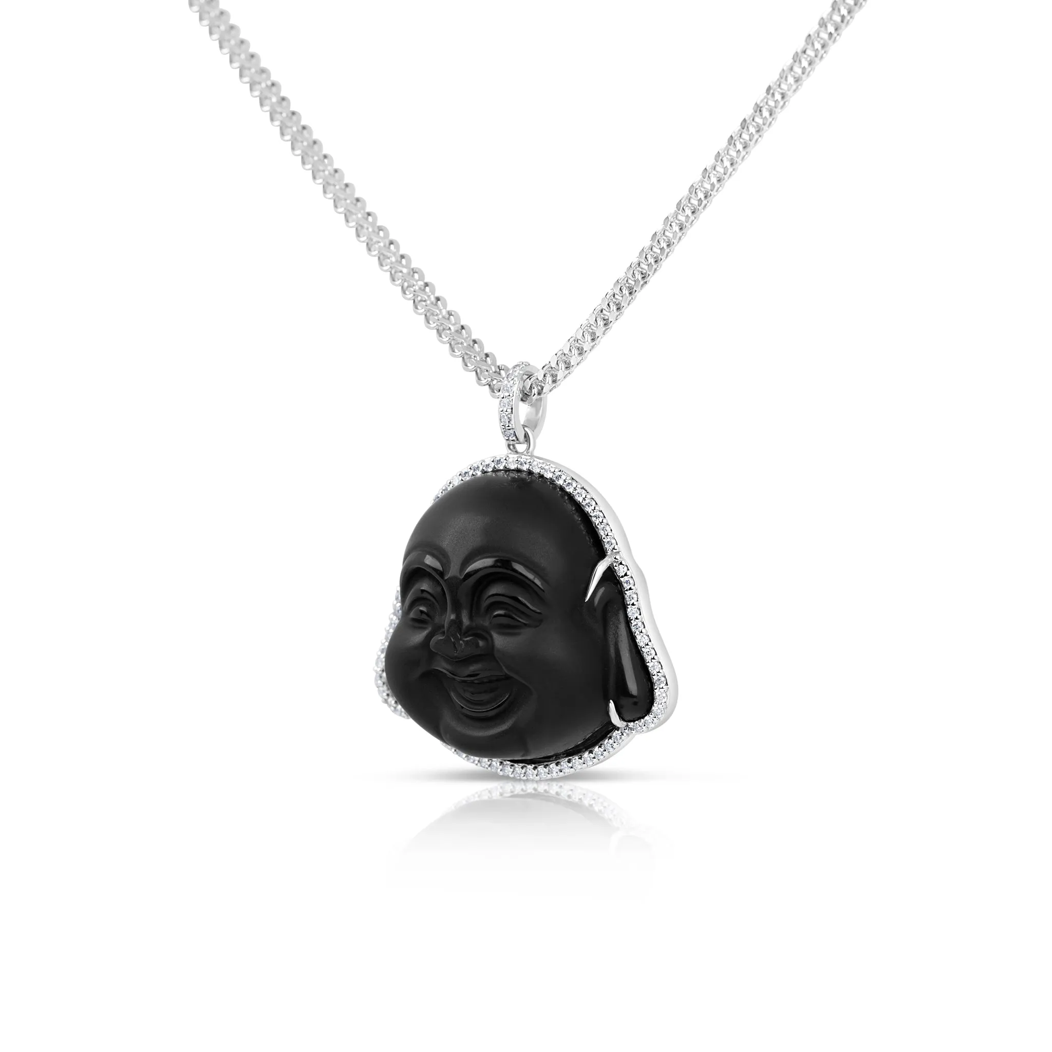 Custom Made 14k White Gold Black Jade Happy Buddha Head Diamond Pendant