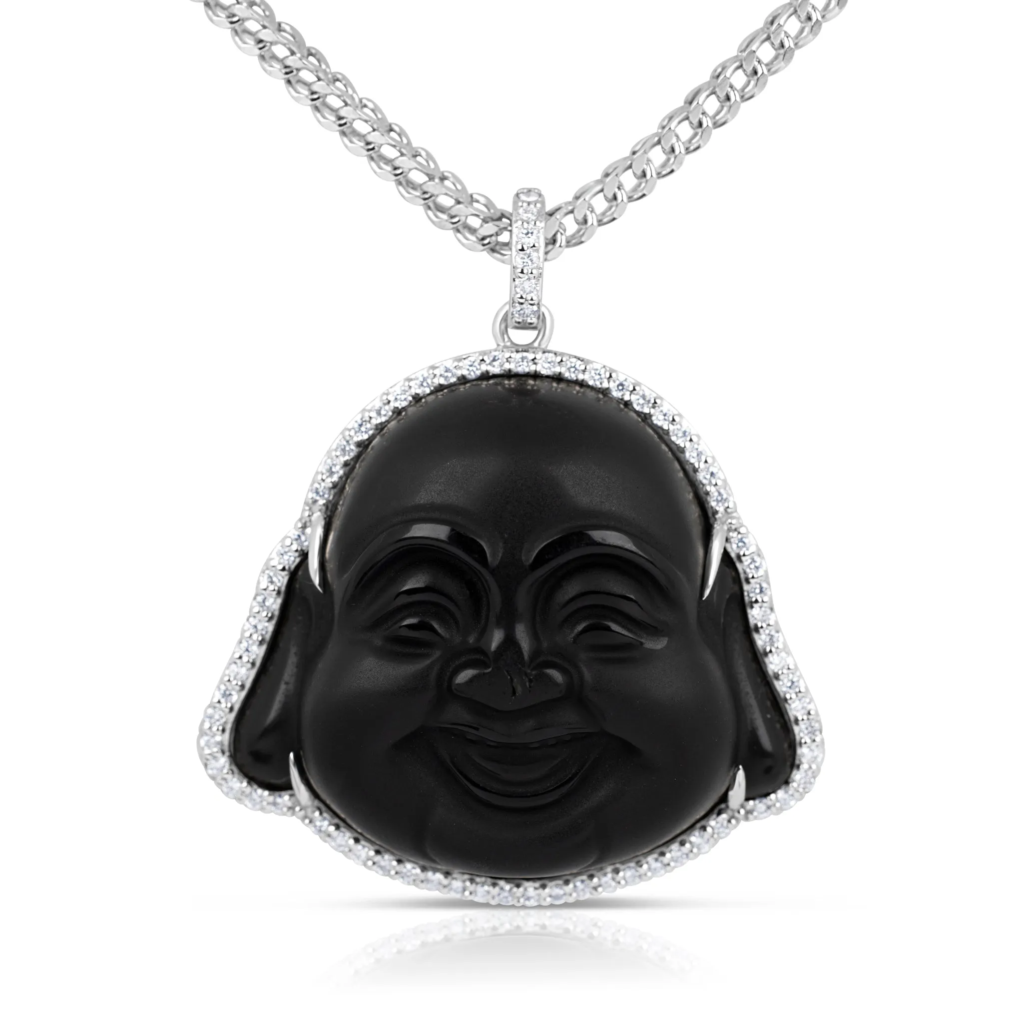 Custom Made 14k White Gold Black Jade Happy Buddha Head Diamond Pendant