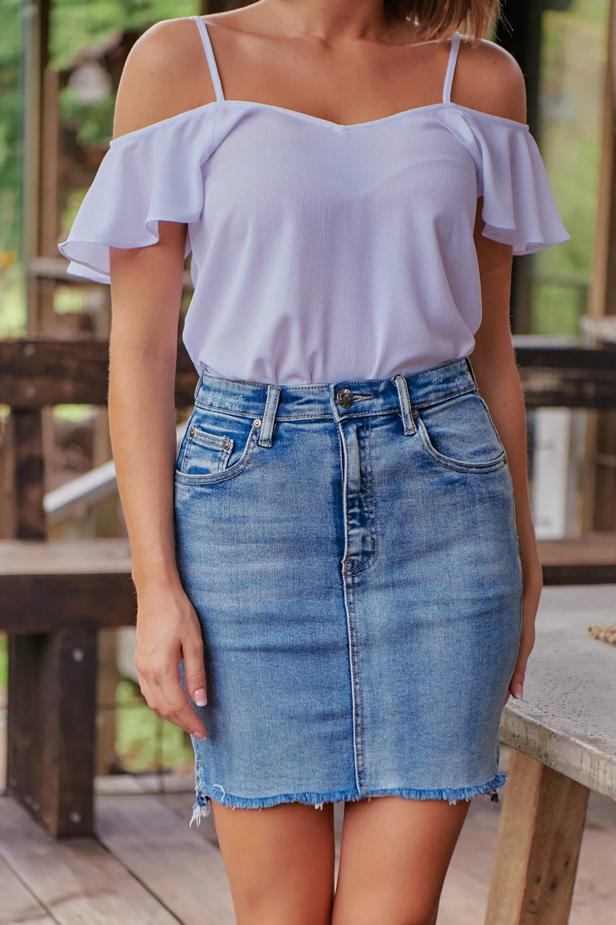 Dark Denim Acid Wash Torn Hem Denim Skirt