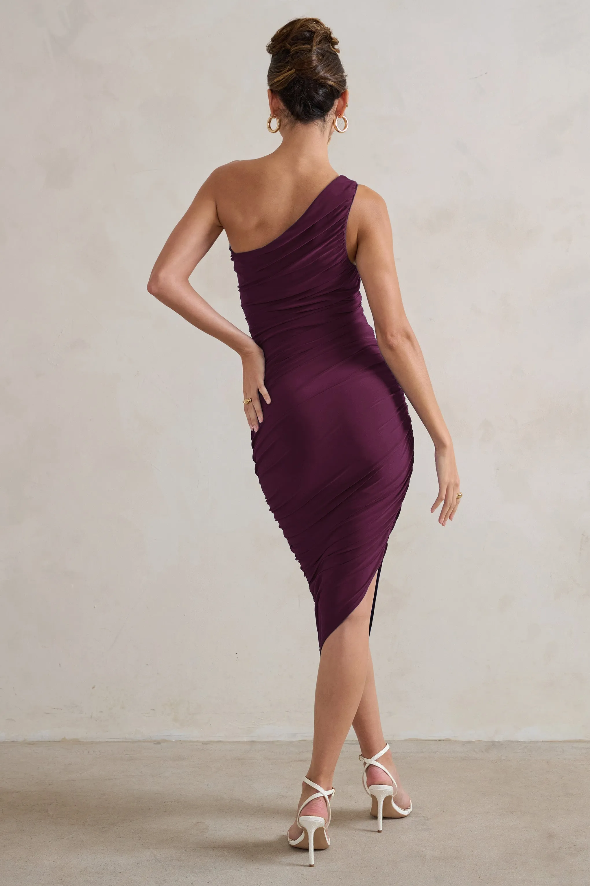 Dorit | Plum One Shoulder Asymmetric Ruched Midi Dress