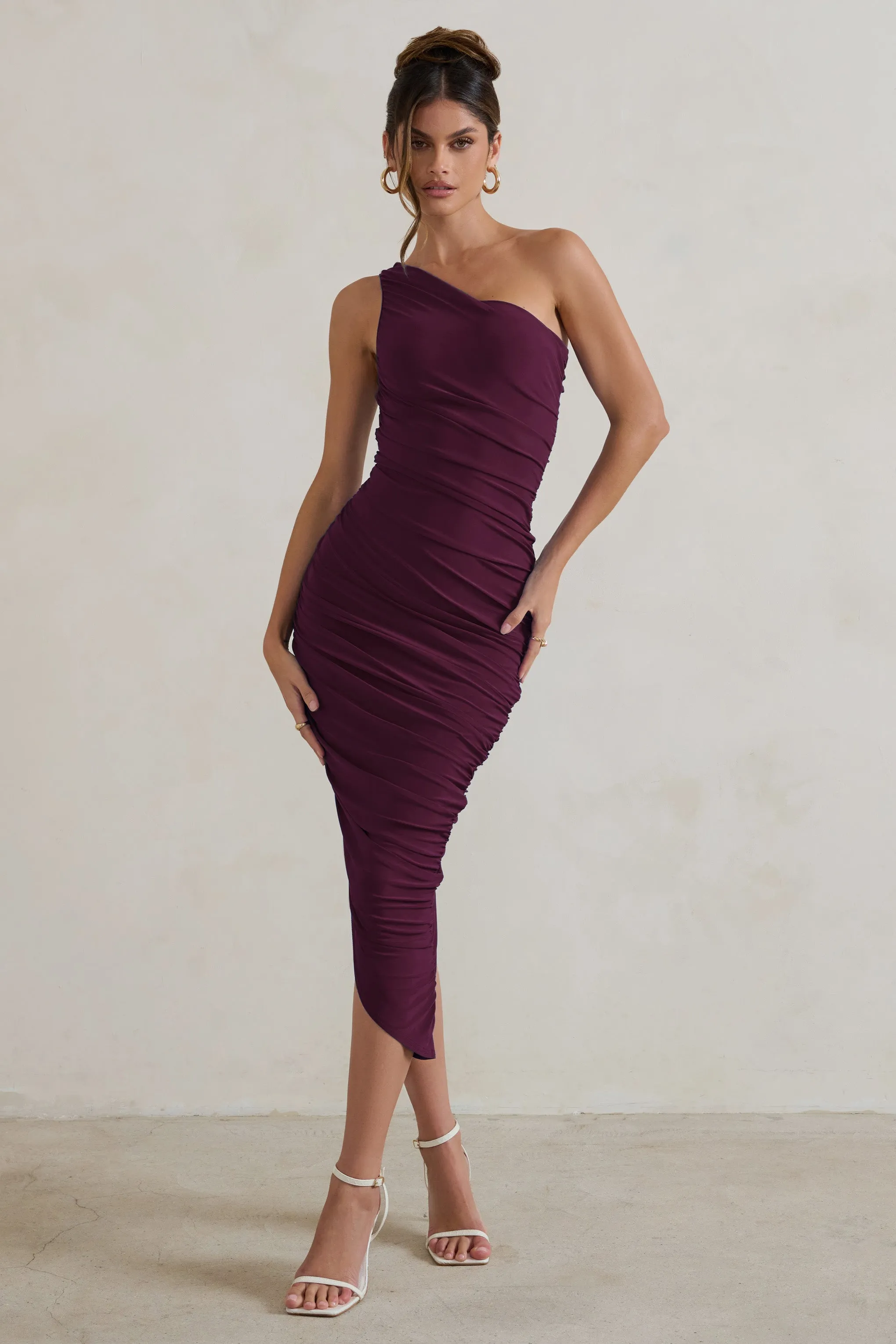 Dorit | Plum One Shoulder Asymmetric Ruched Midi Dress