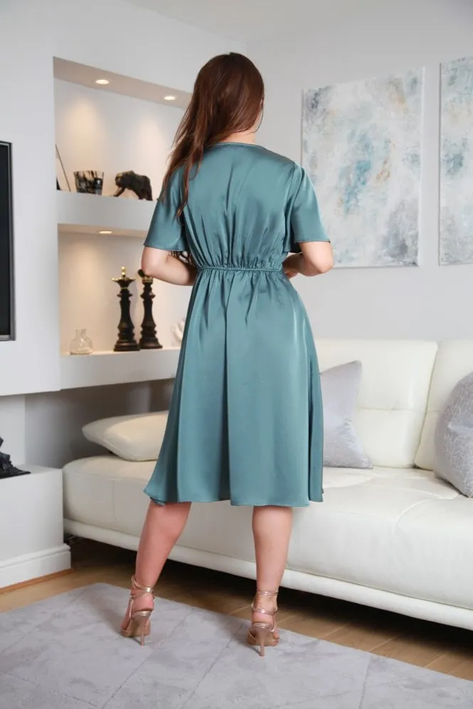 Double Second A-line Satin Wrap Dress With Tea Sleeves