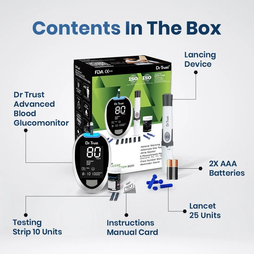 Dr Trust USA Gold Standard Glucosure Glucometer Blood Sugar Testing Meter 9001 with Lancing Device, 25 Strips & Lancets, Simple & Accurate Home Diabetes Testing Machine