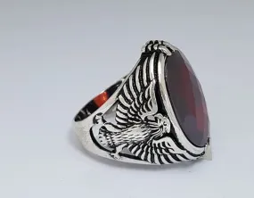 Eagle Mens Designer Ring, Natural Garnet Gemstone, Signet, Silver Jewelry