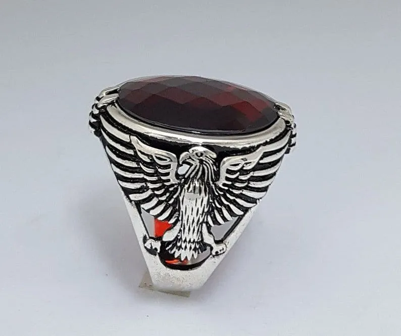 Eagle Mens Designer Ring, Natural Garnet Gemstone, Signet, Silver Jewelry