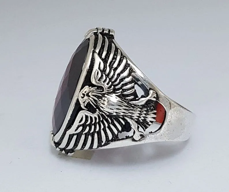 Eagle Mens Designer Ring, Natural Garnet Gemstone, Signet, Silver Jewelry