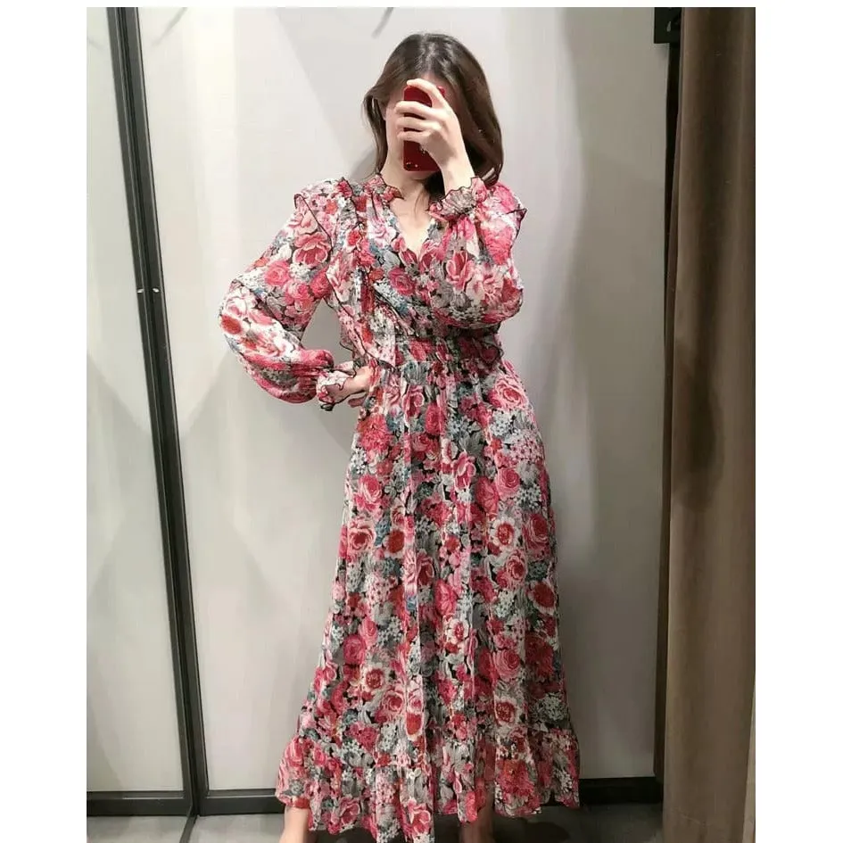 Elastic Waist Long Sleeve Floral Dress