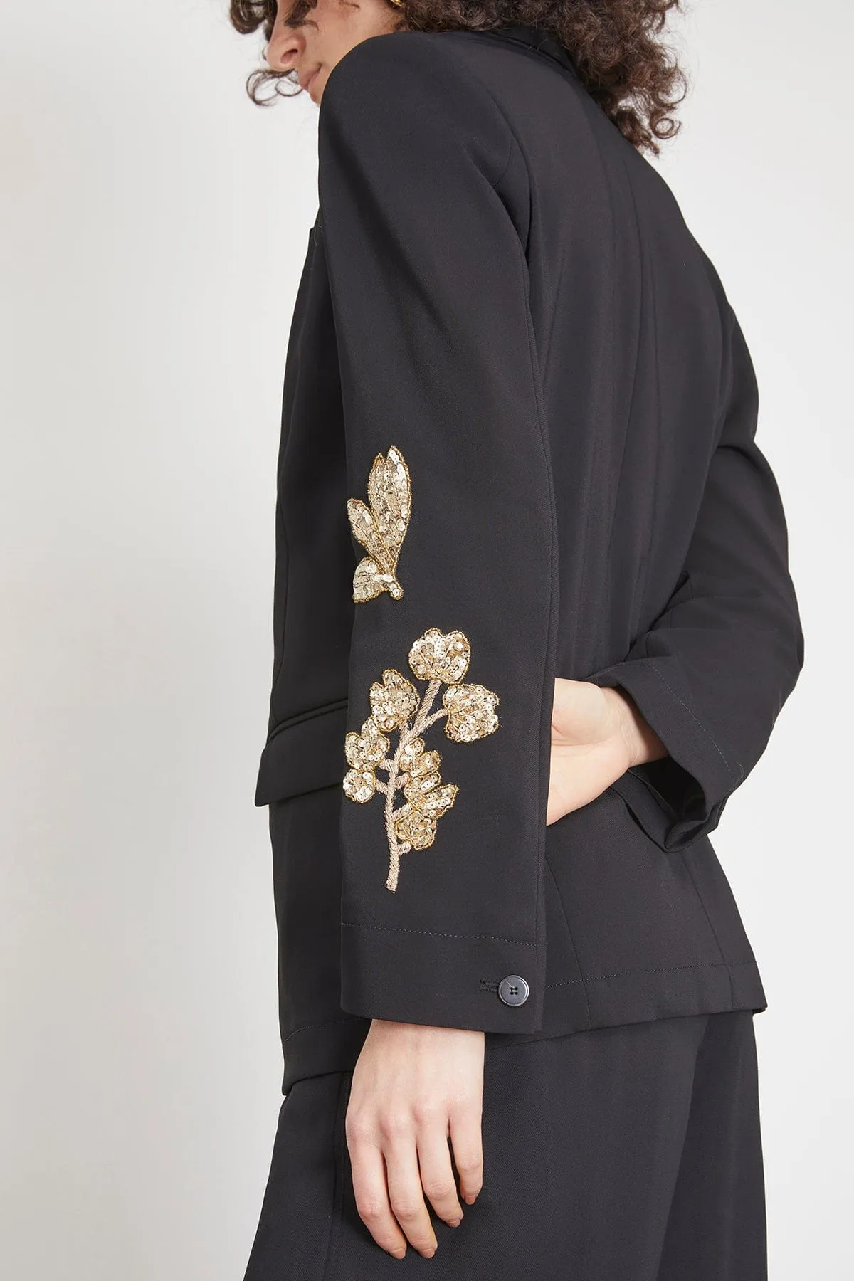 Embroidery Stretch Crepe Cady Jacket in Nero