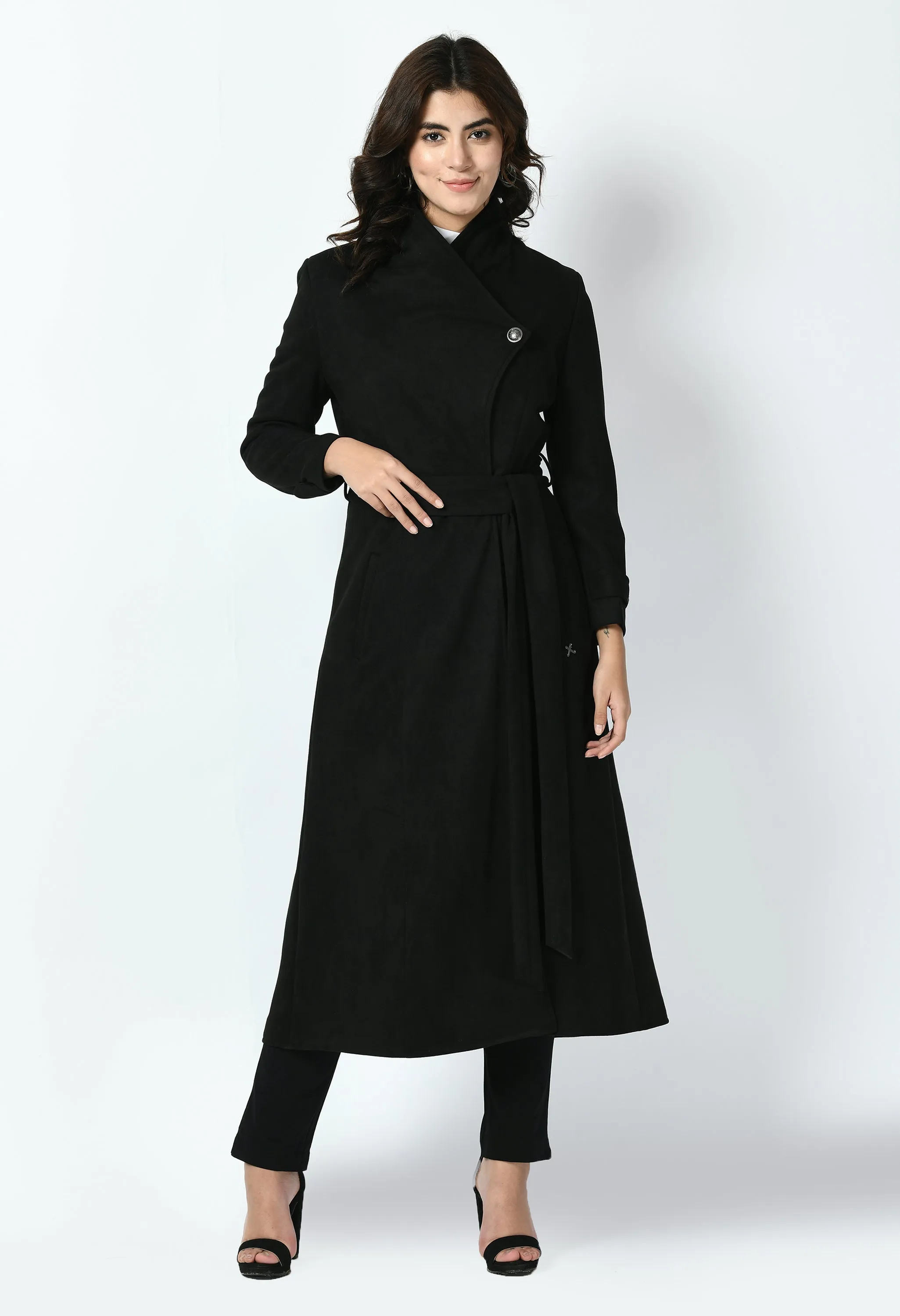 Exude Dedication Suede Leather Long Wrap Coat (Black)