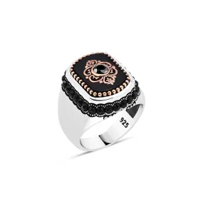 Eye Figure on Black Rectangle Onyx Stone with Circling Zircons Silver Men's Ring