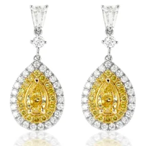 Fancy Yellow Pear Shaped Diamond & Bullet Diamond Dangle Earrings 18K Gold