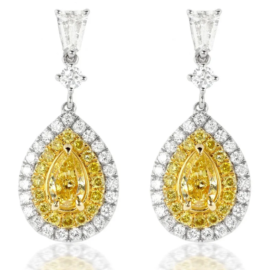 Fancy Yellow Pear Shaped Diamond & Bullet Diamond Dangle Earrings 18K Gold