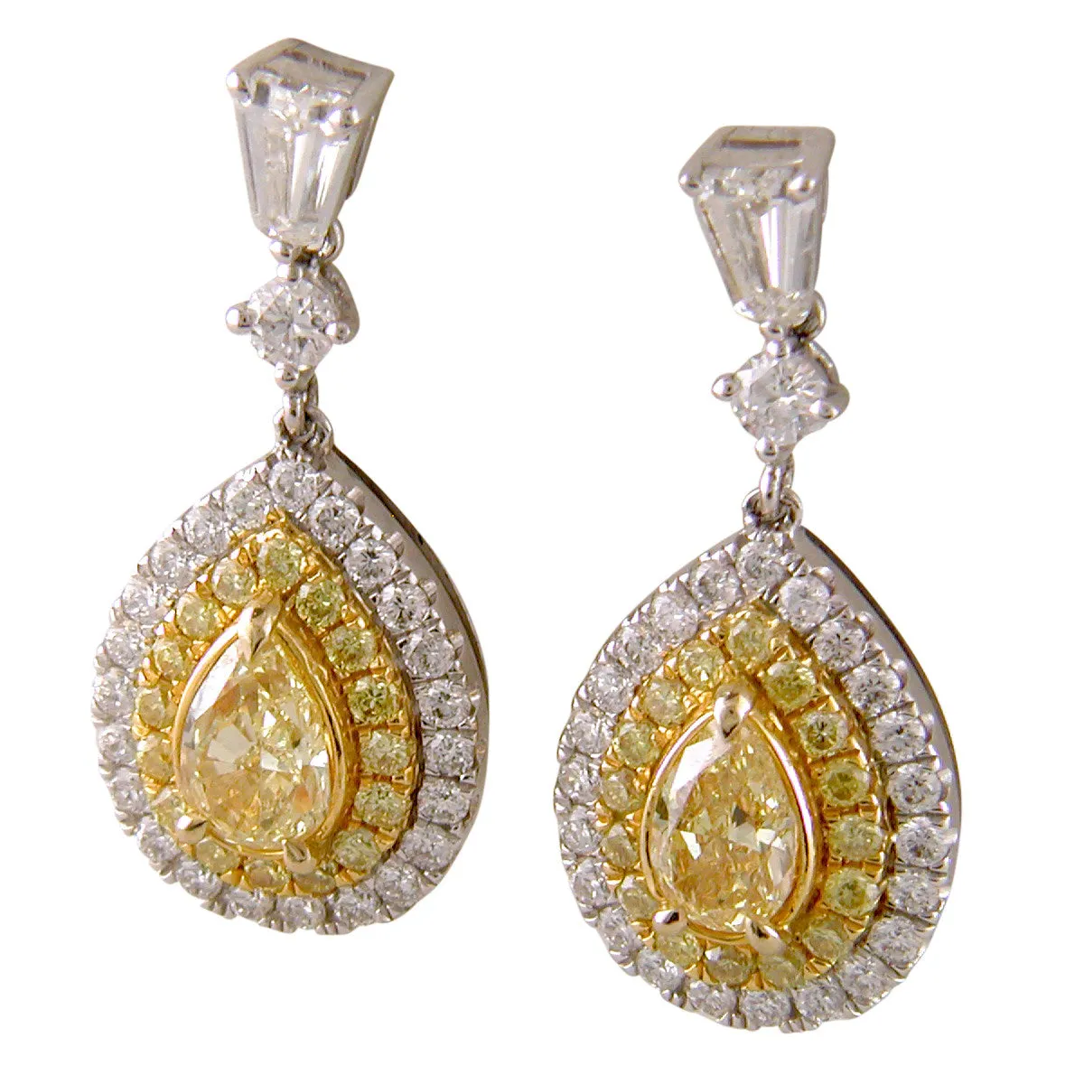 Fancy Yellow Pear Shaped Diamond & Bullet Diamond Dangle Earrings 18K Gold