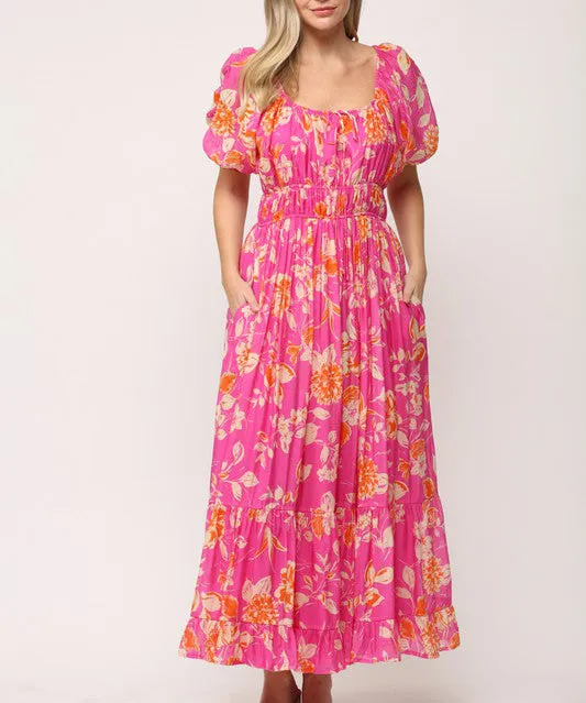 Floral Midi Dress - Hot Pink