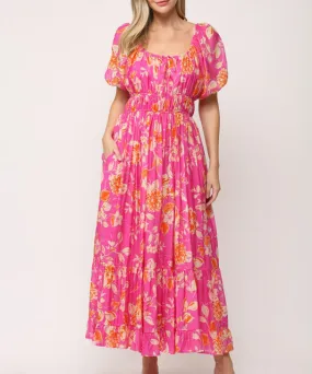 Floral Midi Dress - Hot Pink