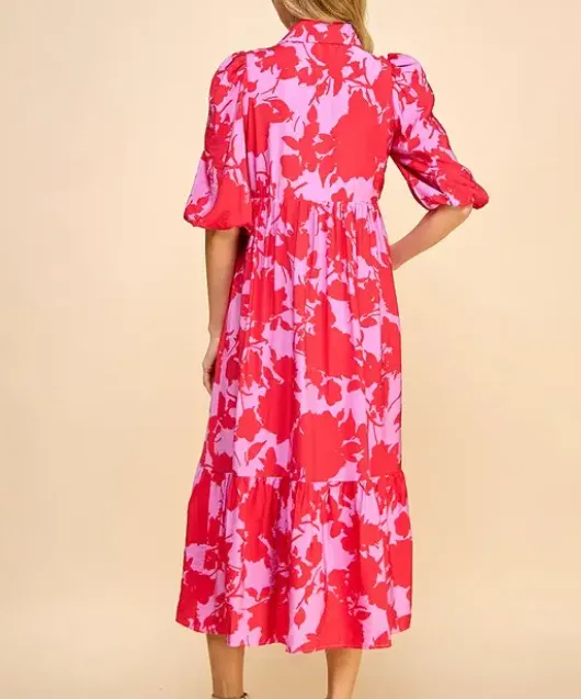 Floral Midi Dress - Red