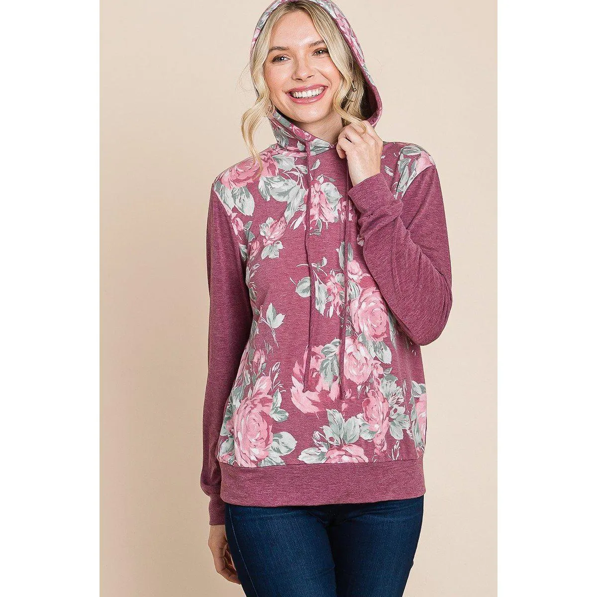 Floral Printed Contrast Hoodie With Relaxed Fit And Cuff Detail