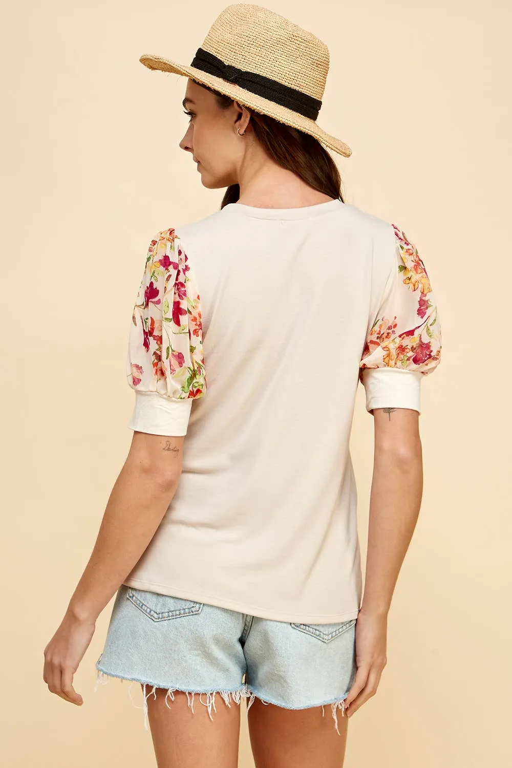 Floral Printed Sleeve Detailed Top in Seashell