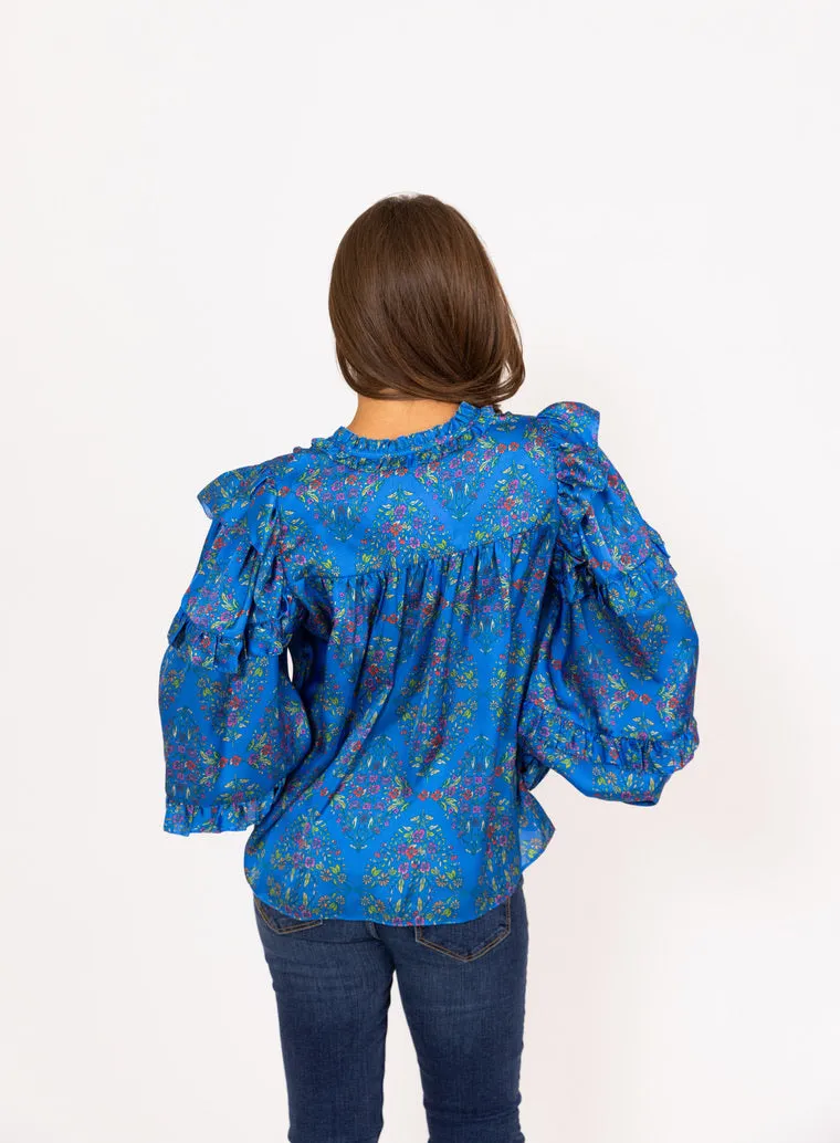 Floral Satin Ruffle Sleeve Top