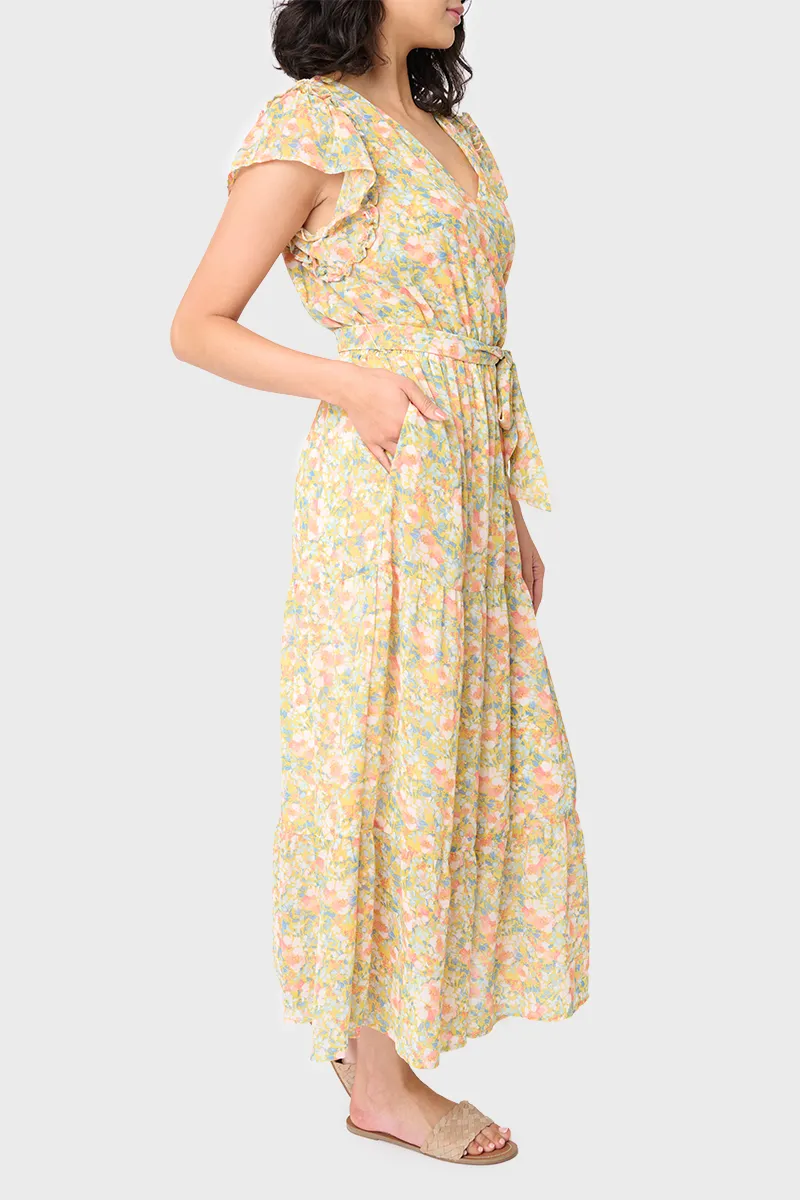 Flutter Sleeve Flowy Surplice Wrap Maxi Dress