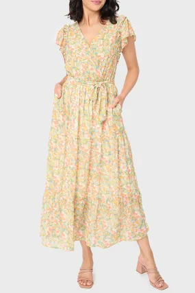 Flutter Sleeve Flowy Surplice Wrap Maxi Dress