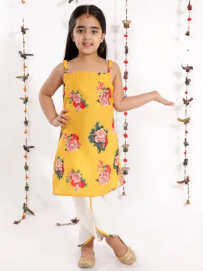 Girls' Floral Printed Cotton Silk Kurta And Tulip Pants