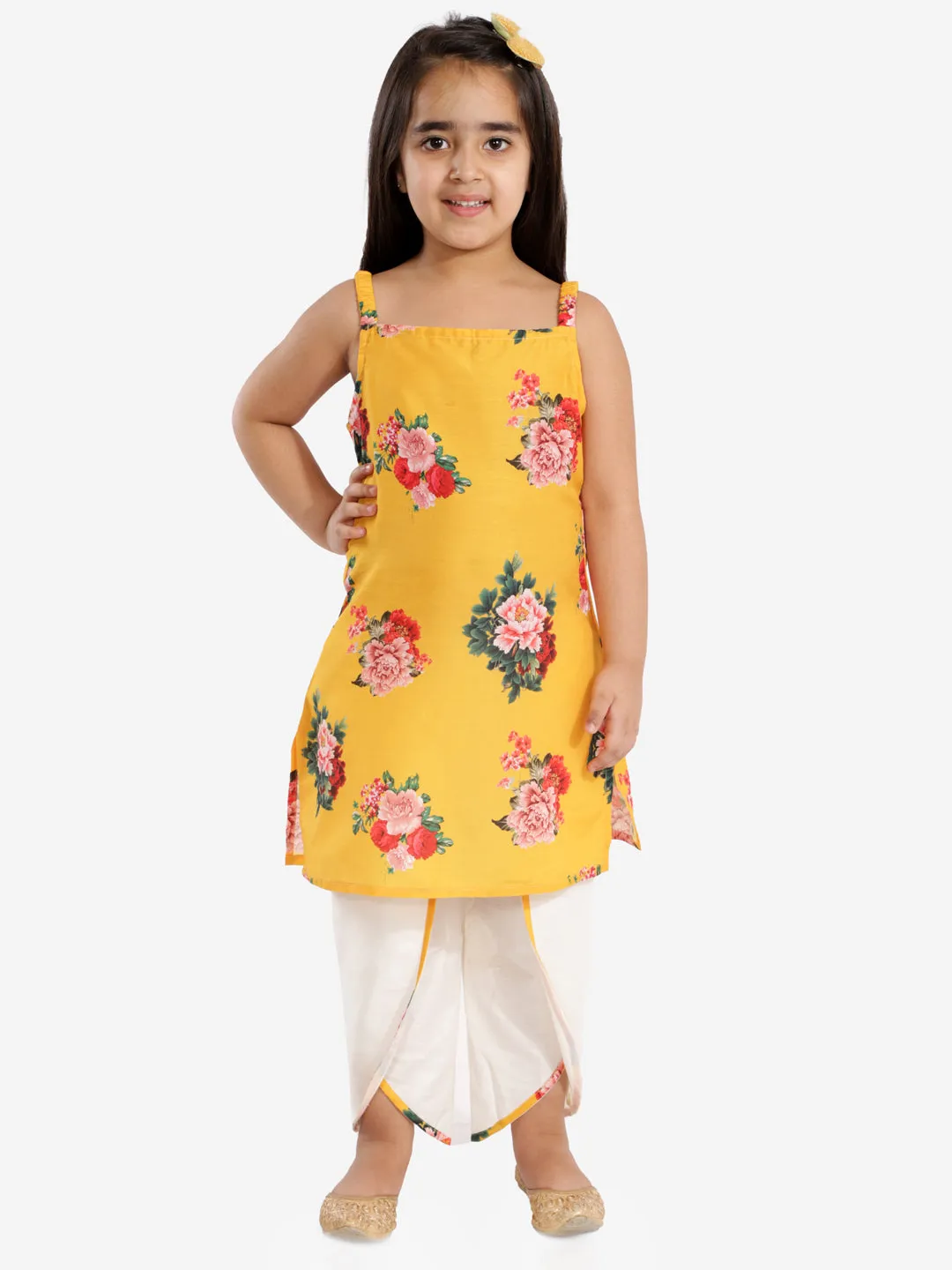 Girls' Floral Printed Cotton Silk Kurta And Tulip Pants