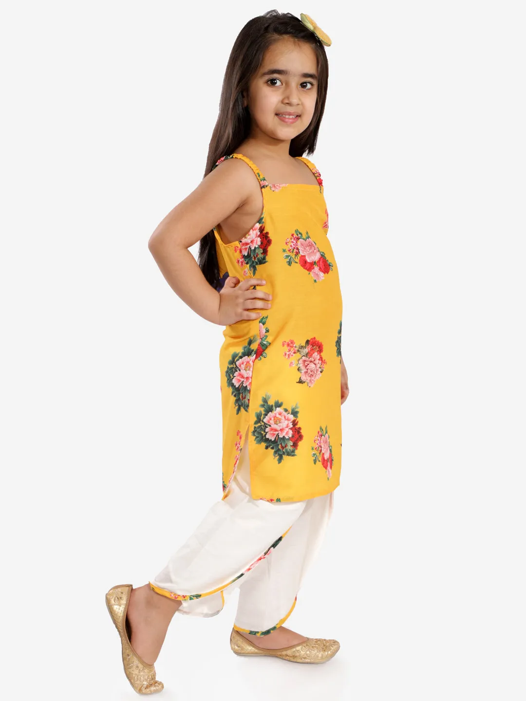 Girls' Floral Printed Cotton Silk Kurta And Tulip Pants