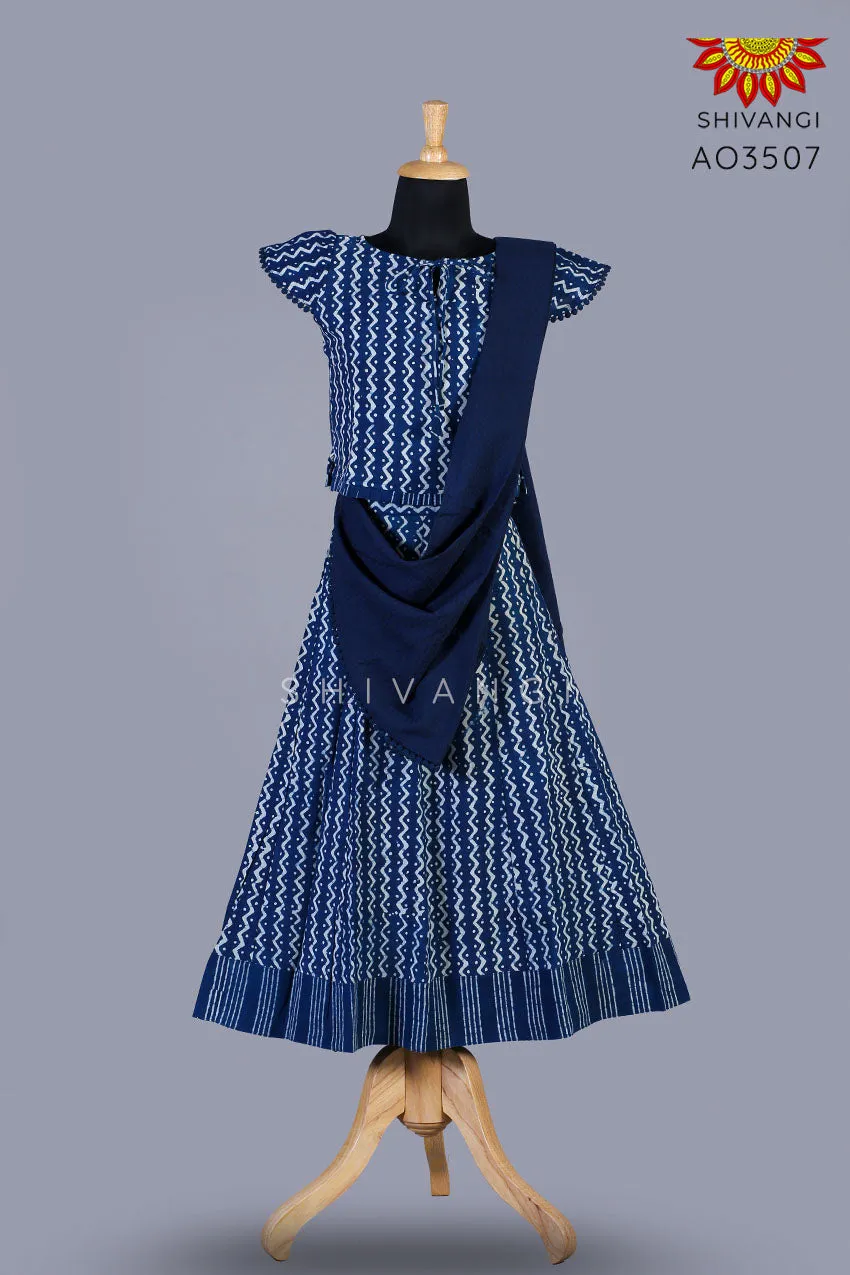 Girls Ink Blue Block Print Lehenga with Dupatta