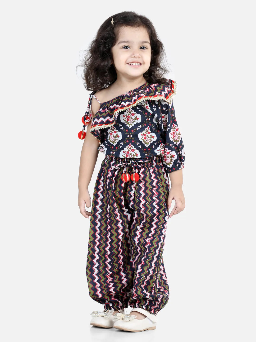 Girls Printed One Sleeve Ruffle Pure Cotton Top With Harem Pant Co Ords Indo Western Clothing Sets- Black