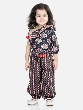 Girls Printed One Sleeve Ruffle Pure Cotton Top With Harem Pant Co Ords Indo Western Clothing Sets- Black