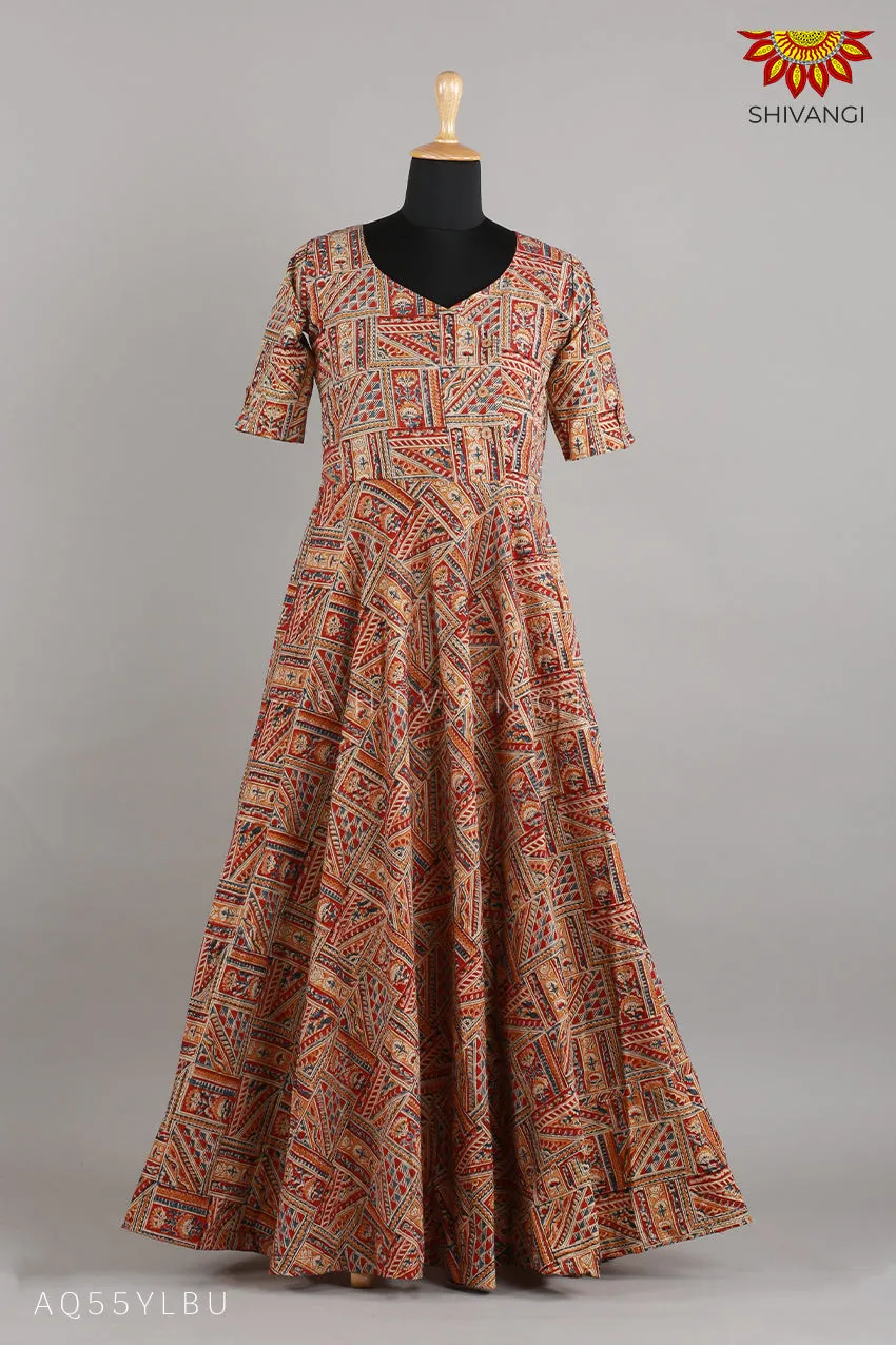 Girls  Yellow Blue Kalamkari Slope Long gown!!!