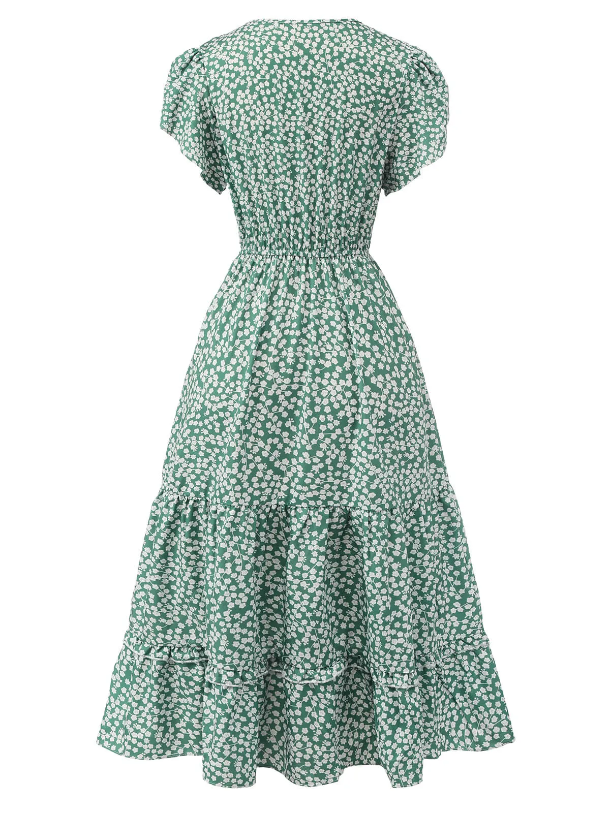 Green 1950s Lace-Up Collar Ditsy Floral Dress